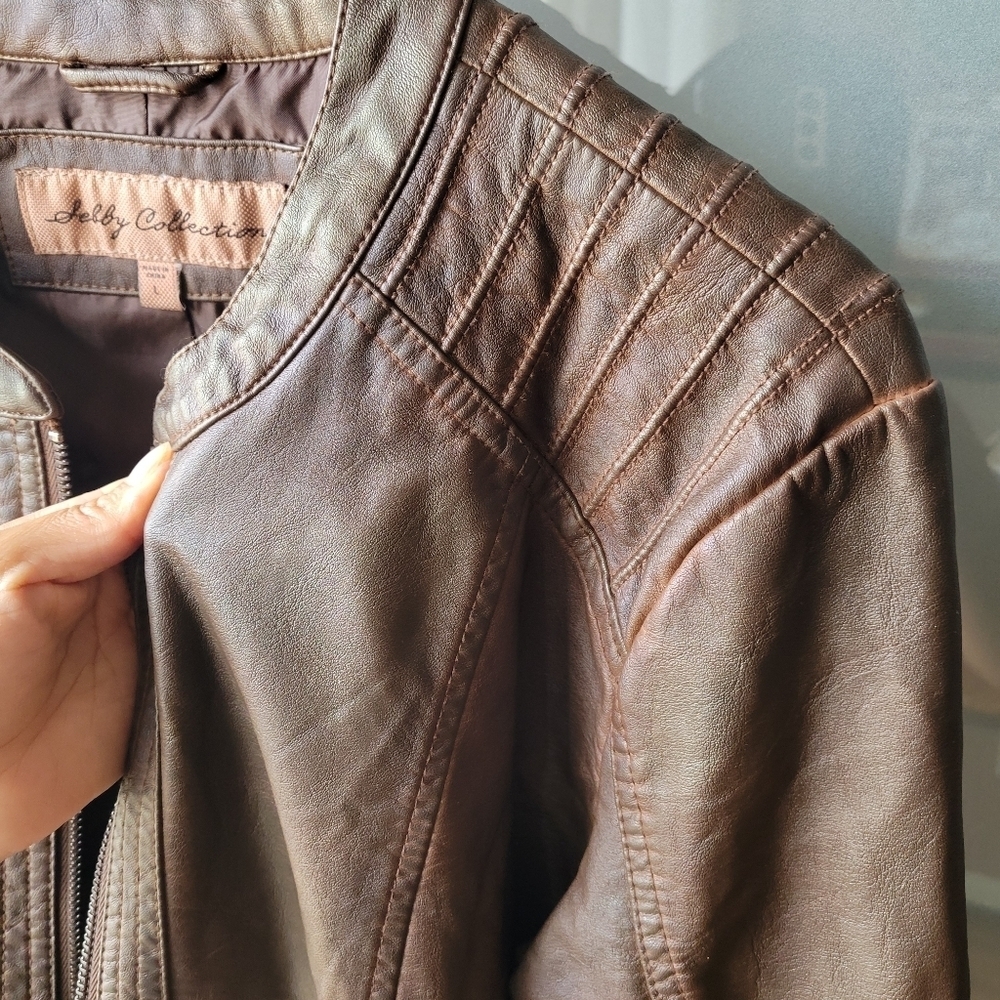Sebby Collection Womens L Brown Whiskey Color Faux Leather Moto Style Jacket Zip - Picture 10 of 12